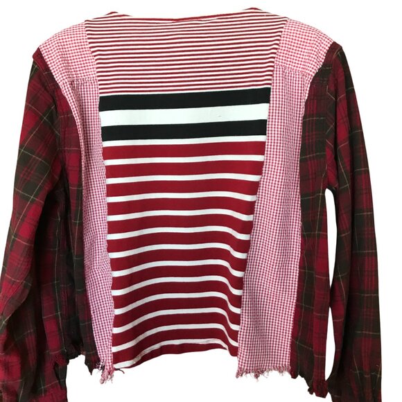 Upcycled Mixed Print Oversized Shirt, M-L: Red Gingham & Plaid Flannel Sleeves - Picture 3 of 14